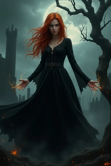 The scarlet brown-haired young witch in a dark world 