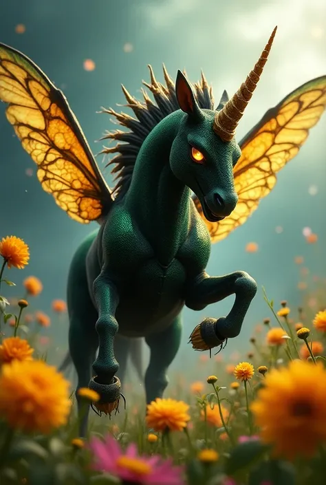 "Create a striking image of an angry hybrid creature that combines the features of a unicorn and a bee, set against a vibrant, magical meadow. This creature should have the robust body of a unicorn, covered in shimmering black fur that reflects iridescent ...