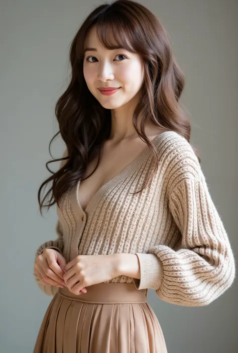 Studio
one beautiful women, ((grinning)),Skinny Japanese young woman,)),Sexy, Detailed face, beautiful eyes, bangs, medium breasts, very thin waist, Light Brown wavy Hair, Faint lips, ((standing at front, Staring at the viewer,)), beige knitted sweater, ...