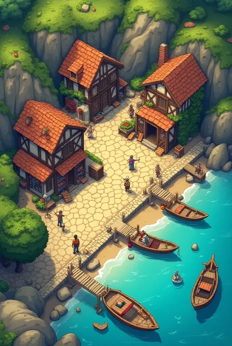 une map de style rpg dun village portuaire
vue du dessus
