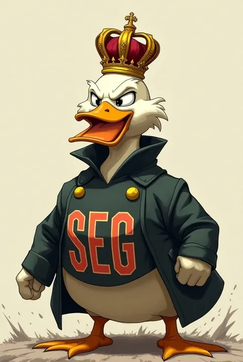 An angry duck wears a crown that says SEG and wears a coat that says SEG