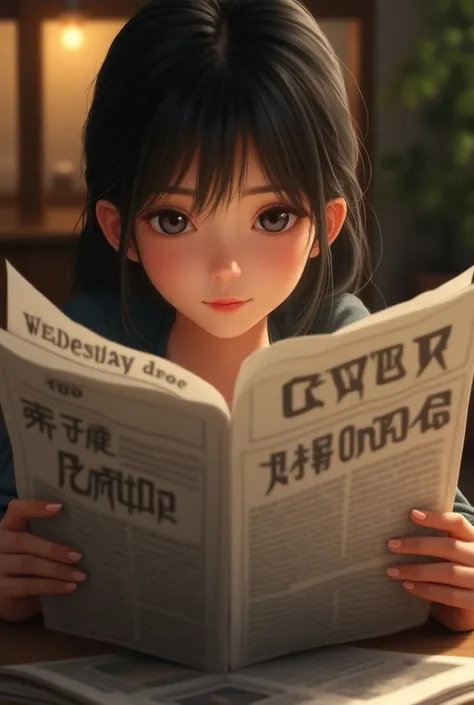 A teenage girl watching the newspaper 