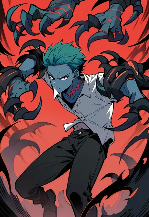 Male Teenager ,solo, white button down shirt, black undershirt, black jean pants, black shoes, teal hair, scar neck , black eyes, serious look, masterpiece, best quality, hell, red sky, fangs, blue navy skin, color skin, claws, 