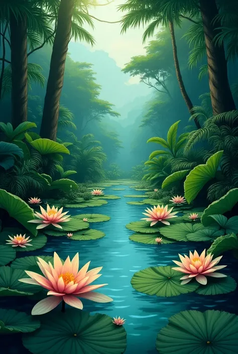 I want you to make an illustration of the Amazon, placing the river with the Vitória Régias plants, but do it in a digital painting style, but dont make it realistic. 
I did several in Rio, but I didnt exaggerate the details. 