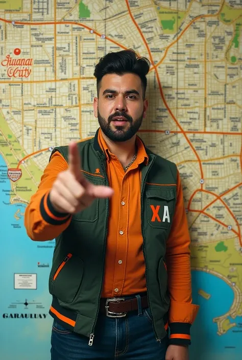 Singer Baitaca showing his finger on the map of the city of Guarapuava Pr Brazil 