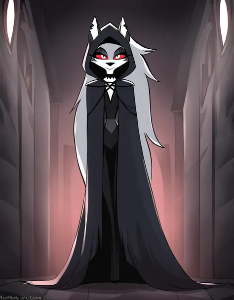 (1girl, solo), perfect body, slim,
anthro, robe, furry, smile, sinister look, grim reaper outfits, cape covering whole body, long black cape, hoods covered head, head down, red eyes, room, standing, 
Loona (Helluva Boss), Masterpiece, Best Quality, horror ...