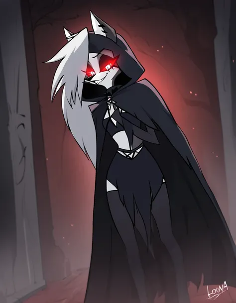 (1girl, solo), perfect body, slim,
anthro, robe, furry, smile, sinister look, grim reaper outfits, cape covering whole body, long black cape, hoods covered head, head down, red eyes, room, standing, 
Loona (Helluva Boss), Masterpiece, Best Quality, horror ...