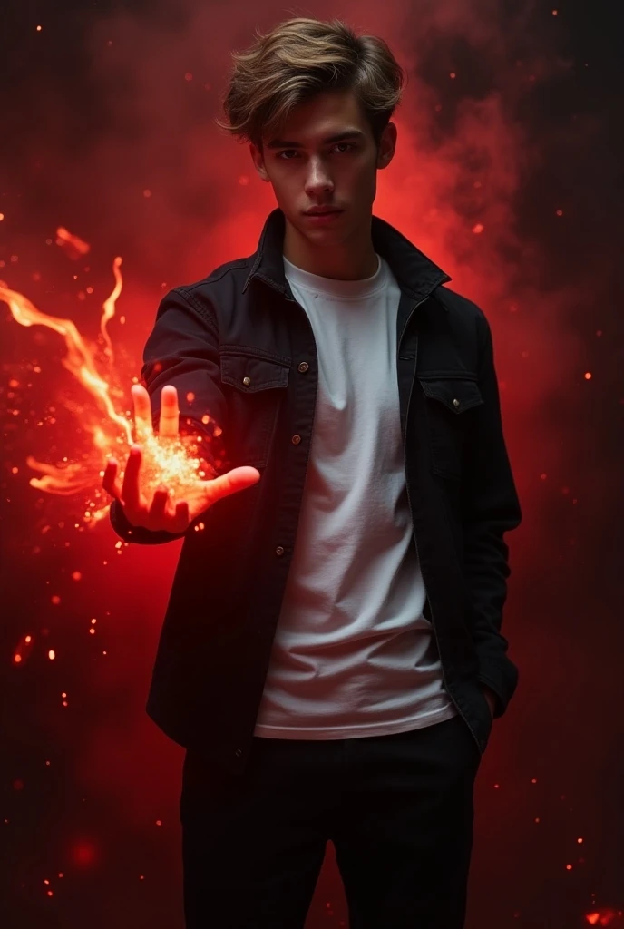 Young white brown man with scarlet magic wearing a black jacket over the white t-shirt he wears, with black pants 