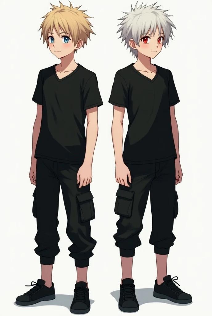 Create a full-body image of a 15-year-old boy: he has a dual personality in one of his personalities: his skin is light blue eyes, short blond hair, his clothes are a black V-neck shirt and black military pants, a black sneaker in the other personality, hi...