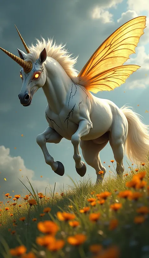 "Create a highly realistic image of an angry and dangerous hybrid creature that blends the features of a unicorn and a bee, set against a serene meadow backdrop. The hybrid should have the strong, muscular body of a unicorn, with white fur that is streaked...