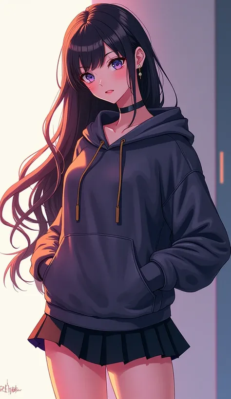 A mature and beautiful anime girl named CYNIX, wearing a stylish mini skirt and hoodie. She has long flowing hair, captivating eyes, and a confident yet approachable expression. The setting is minimalistic, focusing on her modern outfit and posture. The co...