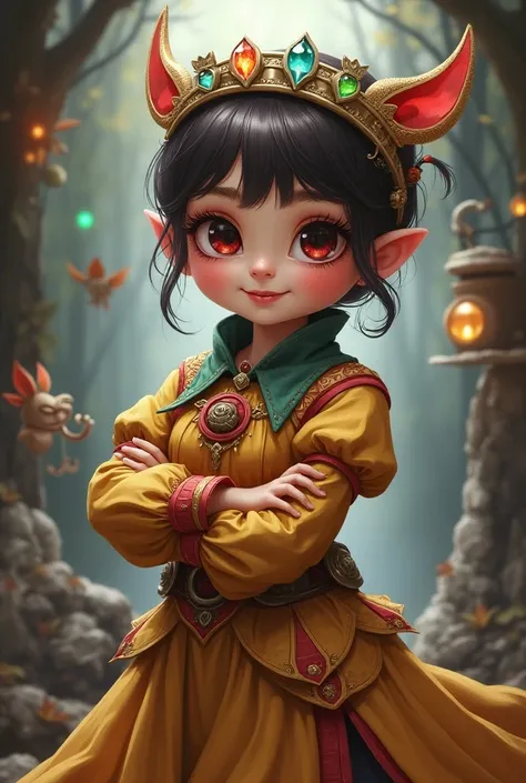 Create a hyper realistic illustration of Velia, the ish goddess of pranks, embodying a cherubic yet cunning demeanor. She appears youthful with bright, playful features, expressive eyes, and a mischievous smile. Adorn her in whimsical attire that hints at ...