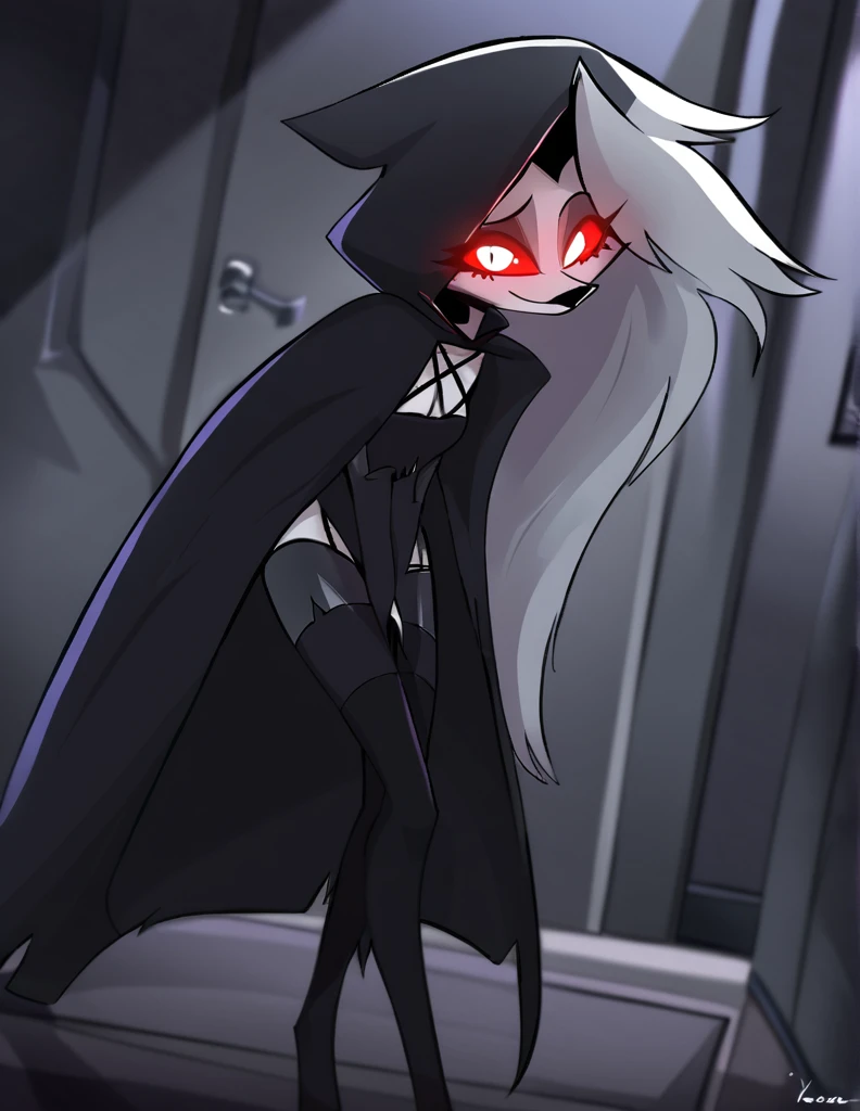 (1girl, solo), perfect body, slim,
anthro, robe, furry, smile, sinister look, grim reaper outfits, cape covering whole body, long black cape, hoods covered head, head down, red eyes, room, standing, 
Loona (Helluva Boss), Masterpiece, Best Quality, horror ...