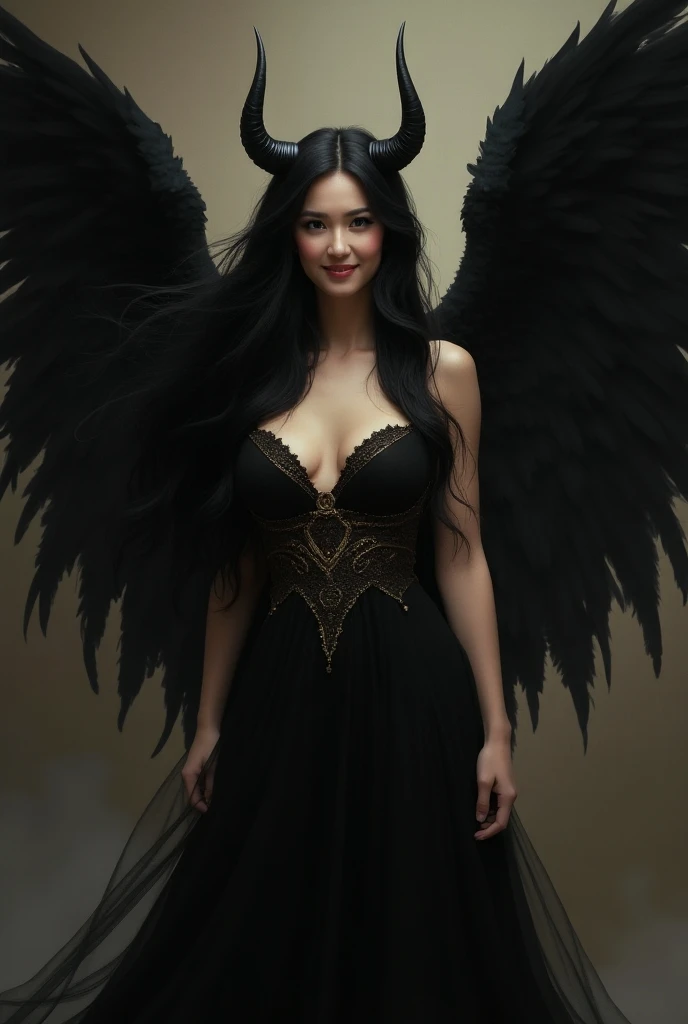  Beautiful Woman Long Hair , smile, black and loose hair, Succubus Horns ,  Black Angelic Wings Black Dress with Gold Ornaments 