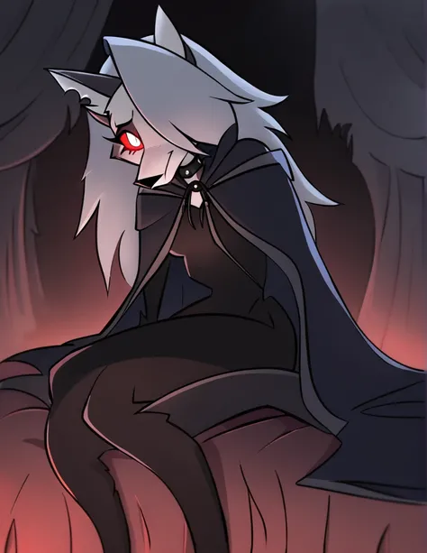 (1girl, solo), perfect body, slim,
anthro, robe, furry, smile, sinister look, grim reaper outfits, cape covering whole body, long black cape, hoods covered head, head down, red eyes, room, bed, sitting
Loona (Helluva Boss), Masterpiece, Best Quality, horro...