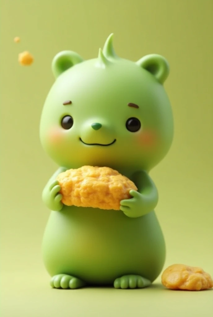 a green character holding a realistic nugget in his hand 
Hes very cute and the Nugget is realistic food
