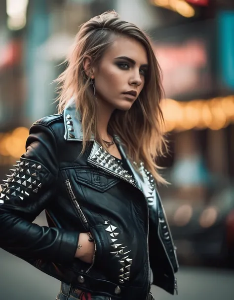 cinematic photo (full height:1.3), a beautiful  (((ohwx woman)))  A black and silver studded leather jacket, paired with ripped denim shorts, black ankle boots, and a black bralette with silver chains.,A punk-inspired liberty spikes mohawk, with each spike...