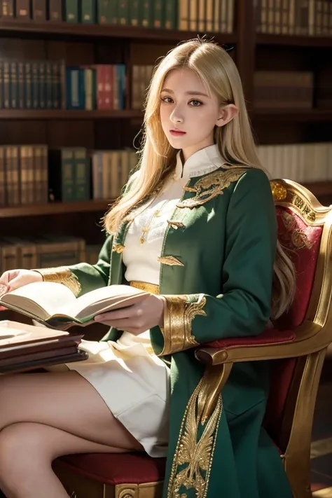 (((masterpiece,   Futanari Masturbation ,  high definition, high detail)))), one, ((Fantasy)))), (elf woman)))), ( short white skirt with gold embroidery ), (long straight blonde hair), (bright dark green eyes), (Green coat with gold embroidery), big, (((N...