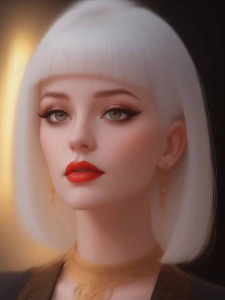 Silhouette Art, breathtaking detailed, masterpiece, awe-inspiring, radiant, magnificent, dark background, photorealistic portrait of stunning oriental fantasy warrior, long white bob, bangs, lips parted, dark eyeshadow, red lips, make-up, orange cocktail d...