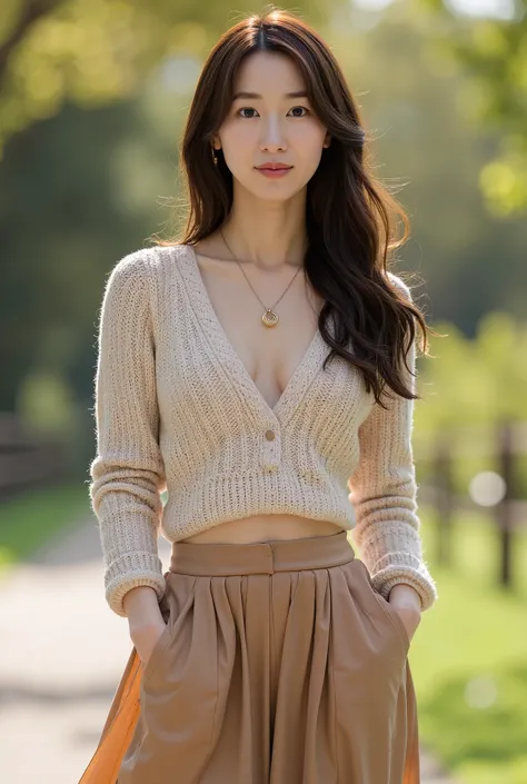 A stylish and slender East-Asian young woman wearing a soft, beige knitted sweater with a deep V-neck, the hem of the sweater draping naturally over the top of a flowing pleated skirt in a matching light brown tone. Her long, wavy hair frames her face as s...