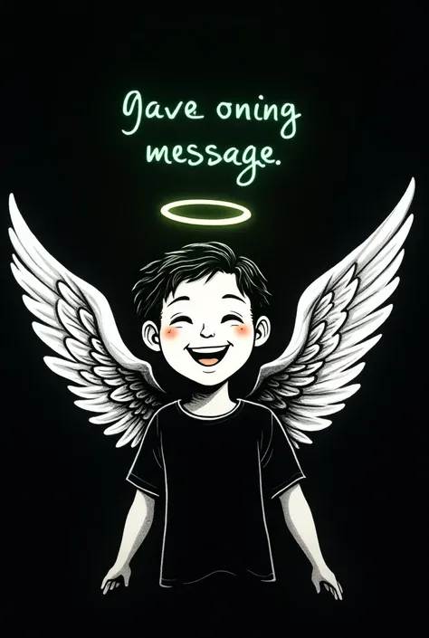  Create an image of a drawing of a flying angel wearing a black t-shirt with nothing written the Angel carries a message of love so the angel is happy carrying that message on a black background and the white Angel from the cartoon and the black t-shirt wr...