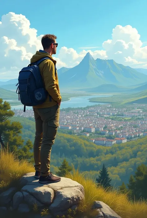  man with paraphs wearing sunglasses standing on a hill overlooking the city,  painting by David Martin , reddit, figuration libre, surrounding town , beautiful view, with the city in the background, 8k selfie photo, good weather, with mountains as backgro...