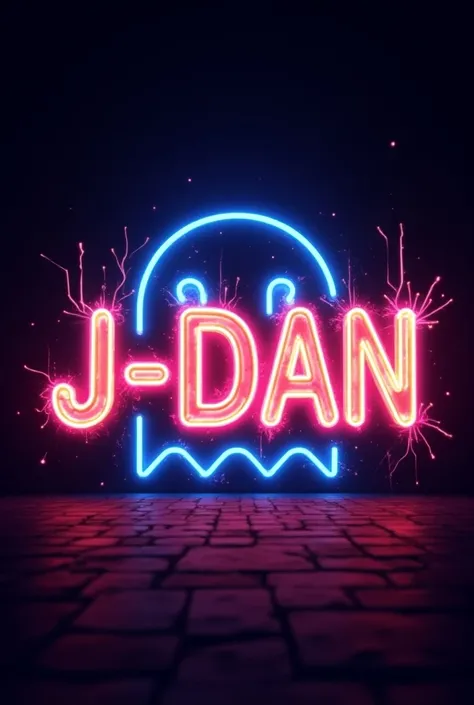 Create me a neon logo with the name J-DAN the name should look neon with electricity and that BEHIND the letters there is a neon Pacman ghost 