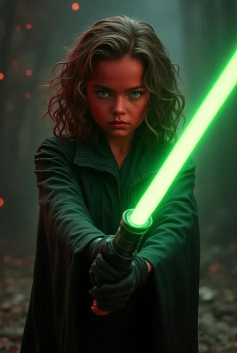 A pure-blooded Sith. With red skin color. With curly long hair. The hair is brown.  a young girl. Fourteen years old. Blue eyes. In the hands of a green lightsaber

