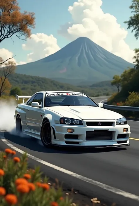 A white Nissan skyline r34 with body s black nismo rims sding sideways on a curve above the windshield some letters that say graphite magic behind there is a landscape the Chasparratique volcano of San Miguel.  trees and some fireflower trees 