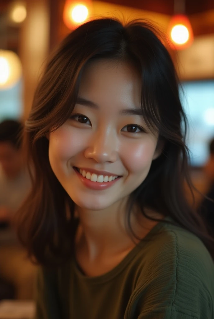  realistic photo  (1cute korean actress),  , at the ramen shop, smiling, canon EOS, clear facial features, large portrait, Cinematic mode, 8 k