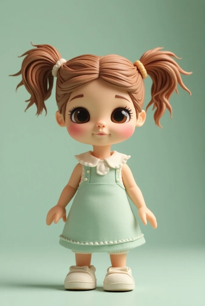  I need to create a hand puppet character ,  the character is called Lola ,  who has two pigtails in her hair and a dress with white colors , cream, brown, gray,beige, gray claro o azules claros, pastel green .  Lola is a natural polymer so I want her to h...