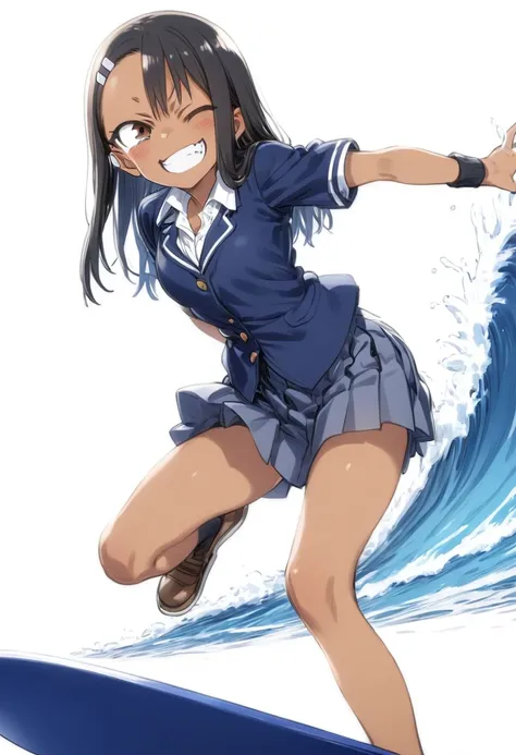 girl、school　uniform、brown skin、grin、surfing