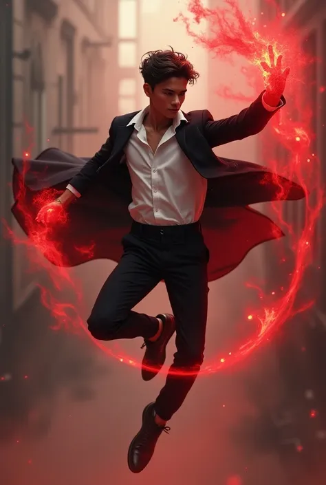  Beautiful brown boy with scarlet magic wearing a black jacket over the white shirt he wears, flying black pants  