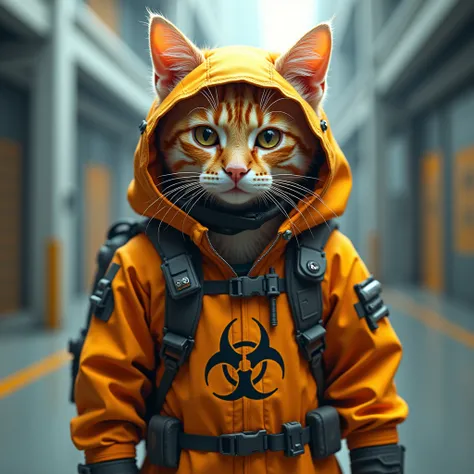 a realistic orange cat wearing a futuristic hazmat suit, biohazard symbol, tactical technical clothing, humanoid nano tech