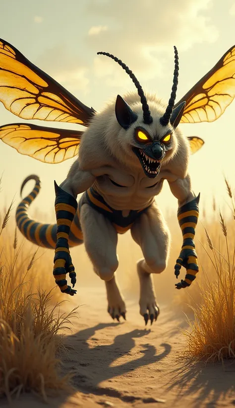 "Create a highly terrifying image of an angry hybrid creature that combines the features of a hyena and a bee, set against a savannah-like background. The creature should have the muscular body and strong limbs of a hyena, covered in coarse white fur with ...