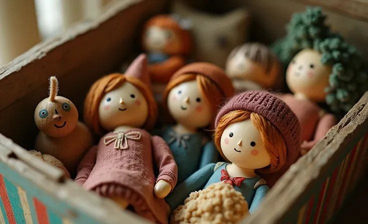 Several wooden dolls in a box. Fairytale striped picture