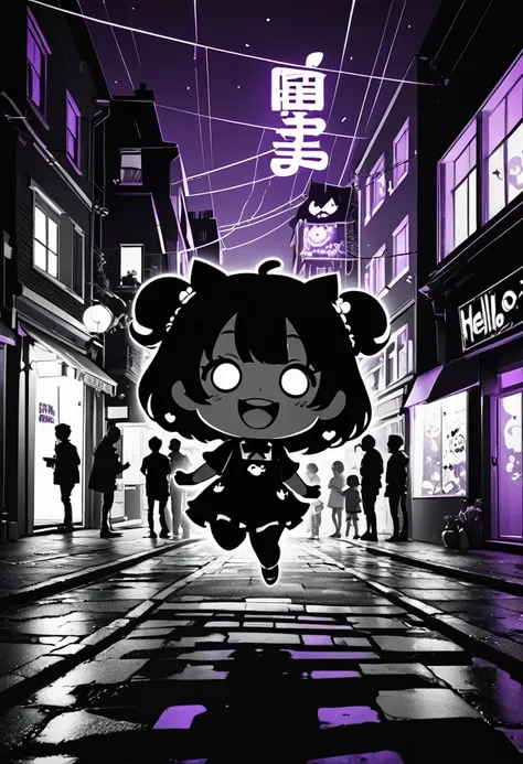 conceptual installation fantasy art, kawaii chibi characters of boys and girls, Hello Happy Halloween, excited, joy, jumping up, purple, orange, illuminated lines, background black and white residential streetscape, various effects, delicate and dynamic te...