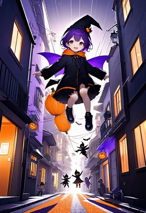 conceptual installation fantasy art, kawaii chibi characters of boys and girls, Hello Happy Halloween, excited, joy, jumping up, purple, orange, illuminated lines, background black and white residential streetscape, various effects, delicate and dynamic te...