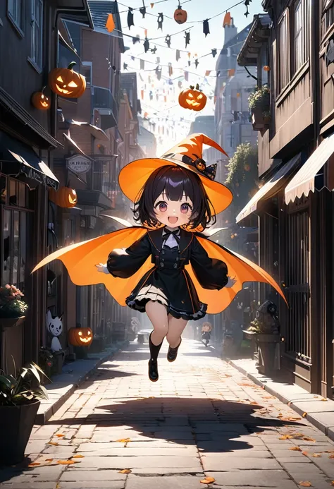 conceptual installation fantasy art, kawaii chibi characters of boys and girls, Hello Happy Halloween, excited, joy, jumping up, purple, orange, illuminated lines, background black and white residential streetscape, various effects, delicate and dynamic te...