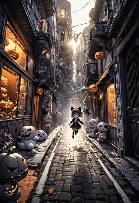 conceptual installation fantasy art, kawaii chibi characters of boys and girls, Hello Happy Halloween, excited, joy, jumping up, purple, orange, illuminated lines, background black and white residential streetscape, various effects, delicate and dynamic te...