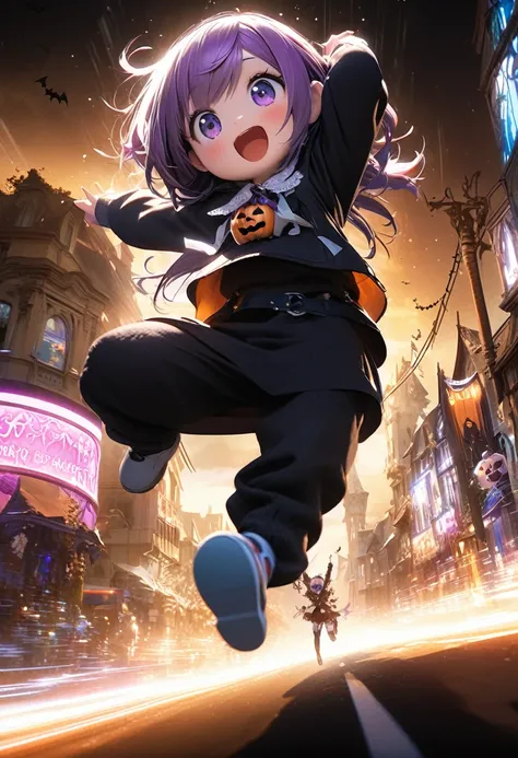 conceptual installation fantasy art, kawaii chibi characters of boys and girls, Hello Happy Halloween, excited, joy, jumping up, purple, orange, illuminated lines, background black and white residential streetscape, various effects, delicate and dynamic te...