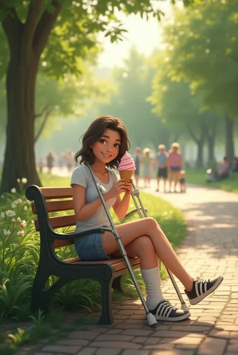 A woman in the park with crutches and broken leg eating ice cream 