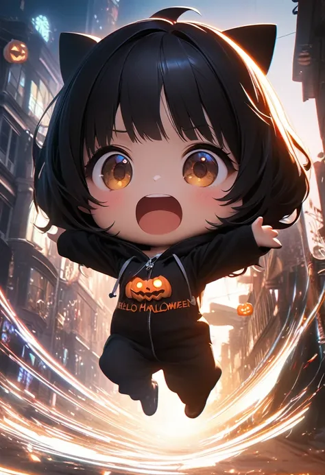 conceptual installation fantasy art, kawaii chibi characters of boys and girls, Hello Happy Halloween, excited, joy, jumping up, purple, orange, illuminated lines, background black and white residential streetscape, various effects, delicate and dynamic te...