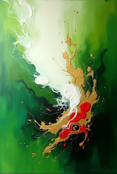 An abstract painting for a 40 x 50 cm painting with green colors, white, red, golden