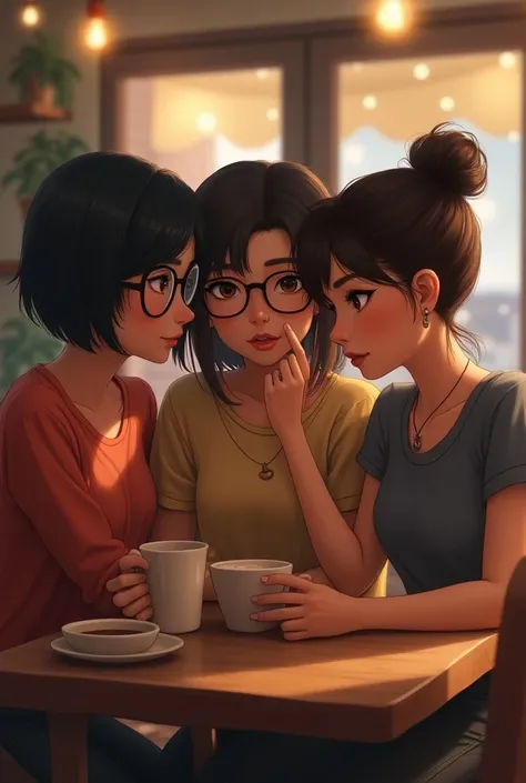 Isabella, Amanda and Isidora friends 

That Isidora wears glasses and has short, black hair and a nose piercing a little dot

Isabella for the coffee 

Amanda very short dark brown hair and lip and eyebrow piercing 
