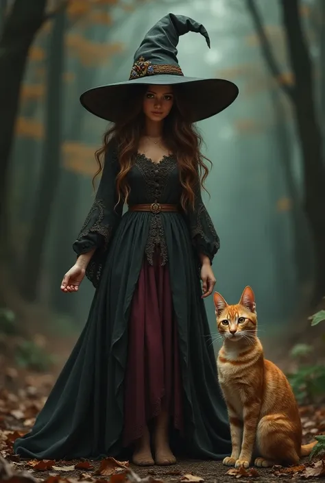 beautiful , full body, standing with feet on the ground, with a charming little kitty, with witch hat, halloween atmosphere, UHD, hyper realistic, masterpiece, oil painting.
