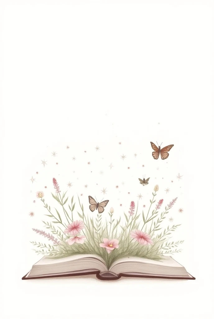 Un livre ouvert dont les pages semblent tourner avec le vent, sur un fond blanc, avec beaucoup de fleurs, de papillons, de colibris et détoiles qui semblent sortir des pages en mouvement. Style aquarelle minimaliste de couleurs neutres. 