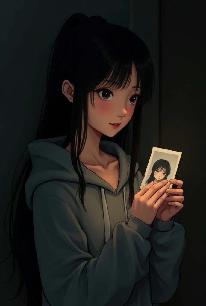  Create a realistic image of a young woman with Asian features with long black hair,  in a dark room with low lighting , In her hands she must hold a photograph .  The girl must be dressed in a gray sports outfit with the hood on, The girls gaze must be lo...