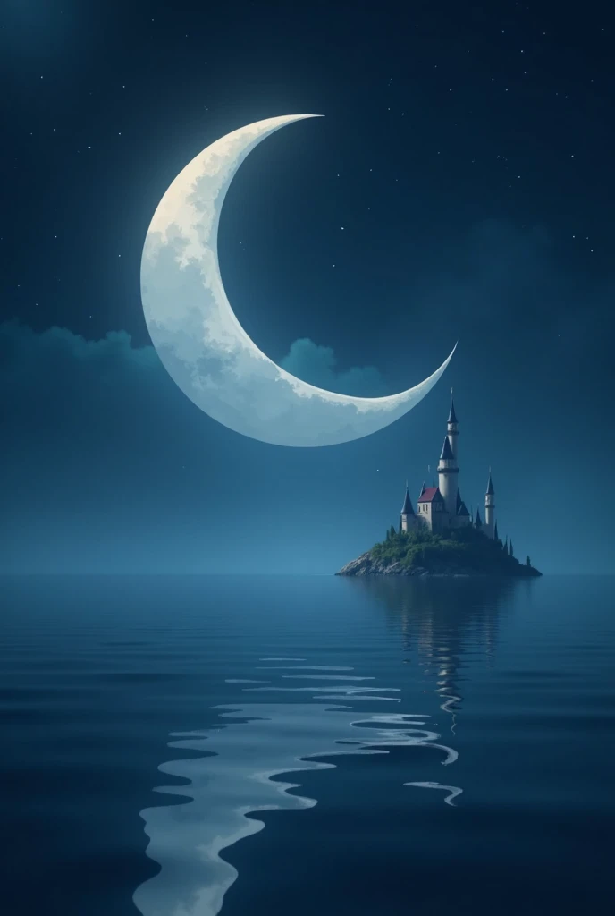 medium moon, in the shape of a smile ,  over a starry sky .  Below the sea and the moon reflected in it ,  and in the background a fantastic island with a dream castle