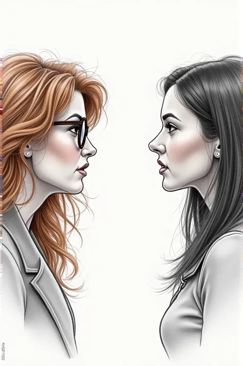 Create a pencil-style image of two women in a podcast, one of them should be a little thick with wavy copper-colored hair and wear brown lenses, the other woman should be tall, thin, long, straight black hair, not wearing lenses, they should be debating a ...